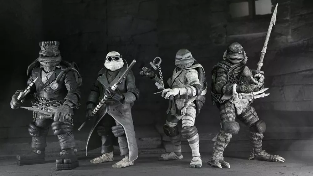 Universal Monsters x Teenage Mutant Ninja Turtles Akční Figurky 4-Pack Turtles Black & White 18 cm NECA